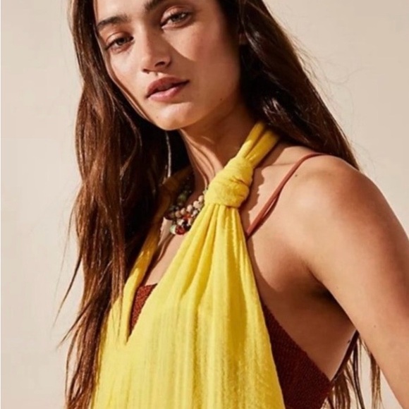 Free People Knot it Up Primrose Yellow Gauze Jumpsuit 💛 Medium Oversized - Picture 2 of 13